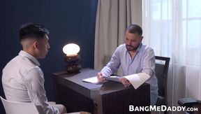 Petite twink Alejo gets on his knees to devour daddy Daniels cock