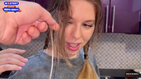 Unscripted MILF gets fucked in the kitchen and takes a facial