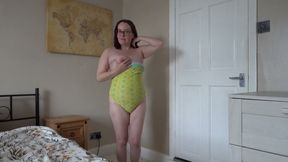 Wearing Sexy Yellow Swimsuit Striptease and Masturbation