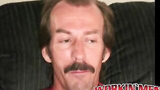 Guy with a mustache tugs his cock before cumming hard