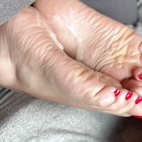 My Pretty Red Latina Toes and soles getting cum covered