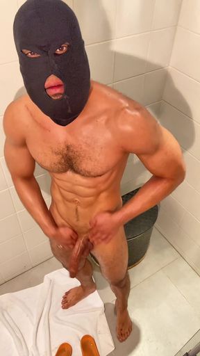 Hot muscular guy oils and plays with huge MONSTERCOCK