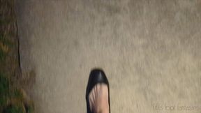 Fifi wearing black ballet flats stomping on roaches in her kitchen and bathroom after pedal pumping in her car talking about it