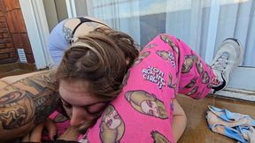 With my wife smoking one on the balcony she got hot and ended up sucking
