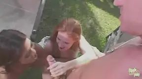 Hot bisexual babes ride and suck him in a wild threesome