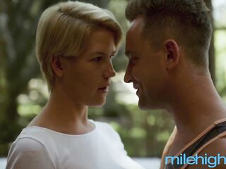 Short haired blond woman, Kit Mercer is giving a oral job to her step- son, in advance of getting banged