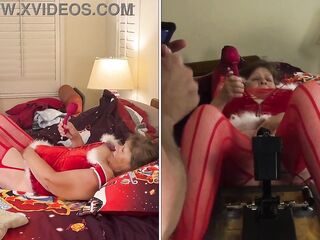 Old mature celebrates Christmas in July masturbating with dildo