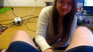 POV brunette teases with handjob before deep throat and messy facial