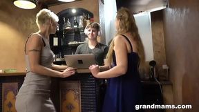 Group sex at Granny's with 3 mature women and one young dude