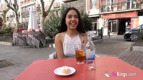 Bare-bodied teen parades and gets a tit blowjob on the street