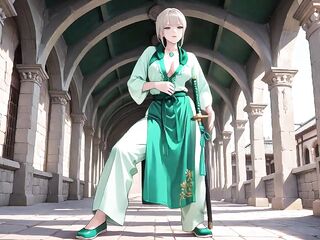 Green Robe Female-dominator! Kneeling in the Garden, Sipping Tea... Then This babe Draws Her Sword. Can U Handle This Dream?