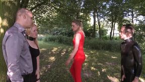 Dominant Mature Torments Slave in Public Park on a Nice Summer Day
