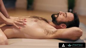 Nurumassage slut Tori Easton deep throats him till he cums on her big tits
