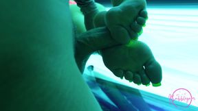 4K Tanning Studio Footjob From Hot Blonde MILF with Long Neon Green Toenails & Cum on Toes