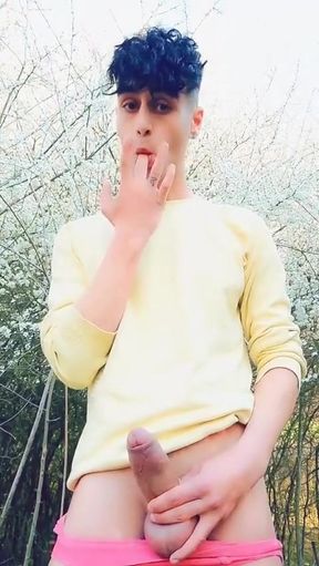 Spring Jerking Backyard - Fat Dick, 2 Cumshots and Own Cum Licking