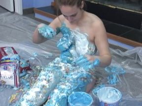 Curvy covers her body in whipped cream and cereal