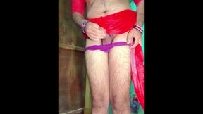 Indian Gay Crossdresser in Red Saree fingering in his ass and pressing his boobs xxx🥵
