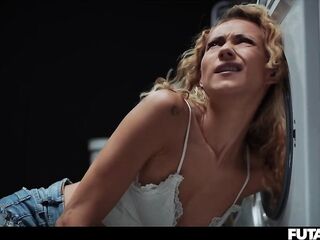 STUCK in the Washing Machine! Trans T-girl Grows Futanari Ramrod And Screws Female Wench with Anal Creampie