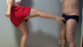 679 Sylvanas blindfolds Slade and plays with his testicles, before delivering powerful kicks to his testicles, causing Slade to writhe in pain.