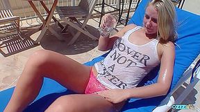 Tanning On The Balcony Has Left The Blonde Wet And Horny For A Big Cock