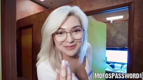 ”Buxom blonde babe Adaline Star takes fucking on the leather couch”