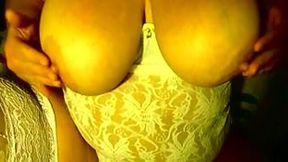 Russian mom massages her big tits and toys her shaved cunt