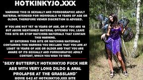 Sexy butterfly Hotkinkyjo fuck her ass with very long dildo &amp_ anal prolapse at the grassland