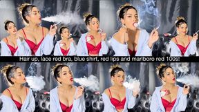 Hair up, lace red bra, blue shirt, red lips and marlboro red 100s!