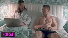 : Stepmom Helps To Cum Stepson In Share Bed While Working Till Get Pussy Creampie And Facial