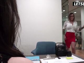 two Hot Coworkers Pull Him Into the Office... One Sits on His Face While the Other Rides His Shlong