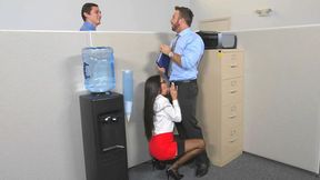 Horny secretary gives hot clerk sneaky XXX blowjob right near cooler