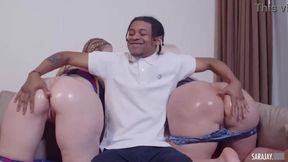 Two sassy ladies get oiled up and fuck a lucky cock in wild porn session