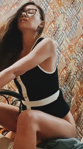Slutty Asian stepmom carefully sits down on a stepson's cock. Rides her ass on a cock and gets cum in her mouth   Clip 1