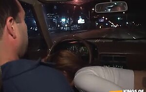 Sexy blonde sucks the mechanic in the car while he is driving and gets her pussy pumped