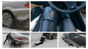 CRAZY CAR STUCK: Emily with vibrator in pussy got her BMW stuck in snow hard