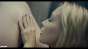 Brunette seduces blonde in dressing room, wild lesbian sex