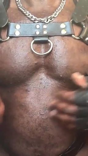 Black Mature Muscle Leather Harness Latex Singlet Tit Play