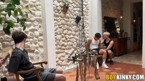 Johnny Hakson hangs in the air while silver daddy throat fucks him