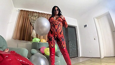 Dominant Red Downjacket MILF Balloon Humiliation. Failed Erection, Big Dildo Riding and Popping