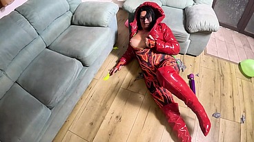 Dominant Red Downjacket MILF Balloon Humiliation. Failed Erection, Big Dildo Riding and Popping