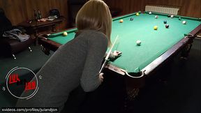 Hard fast anal fuck hot teen blonde on pool table. Public sex. 1080HD, 60FPS. JulandJon.