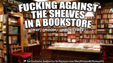 Squirming against the shelf her moans drip down his shaft