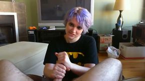 Purple haired girl in black T-shirt was jerking off and sucking fat cock