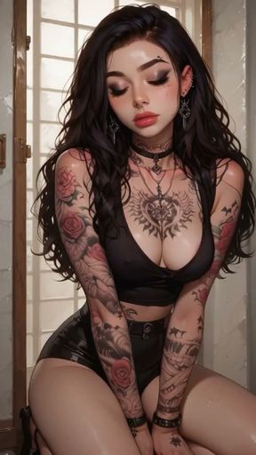 A tattooed babe shows off her beautiful body and fingers
