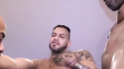Watch as these two raw studs go wild in a threesome with their big cocks, handjobs, and hardcore breeding skills!