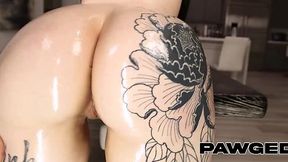 Tatted big ass goth oiled and fucked in pussy and throat