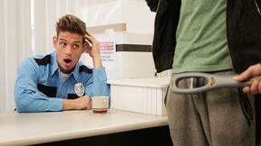 ”Airport security agent Michael DelRay testing Jack Hunter's tight butt”