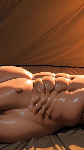 Roided Asian Hunk Lying in Luxury Tent Under Stars at Sunrise