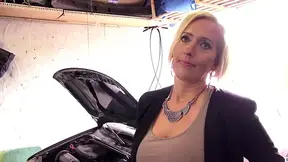 Facial ending for the big boobed blonde MILF after sex on the car