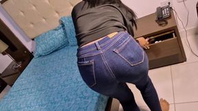 Brunette with Jeans, Making Pink Lipstick in Her Mouth to Taste the Dick of Her Boyfriend